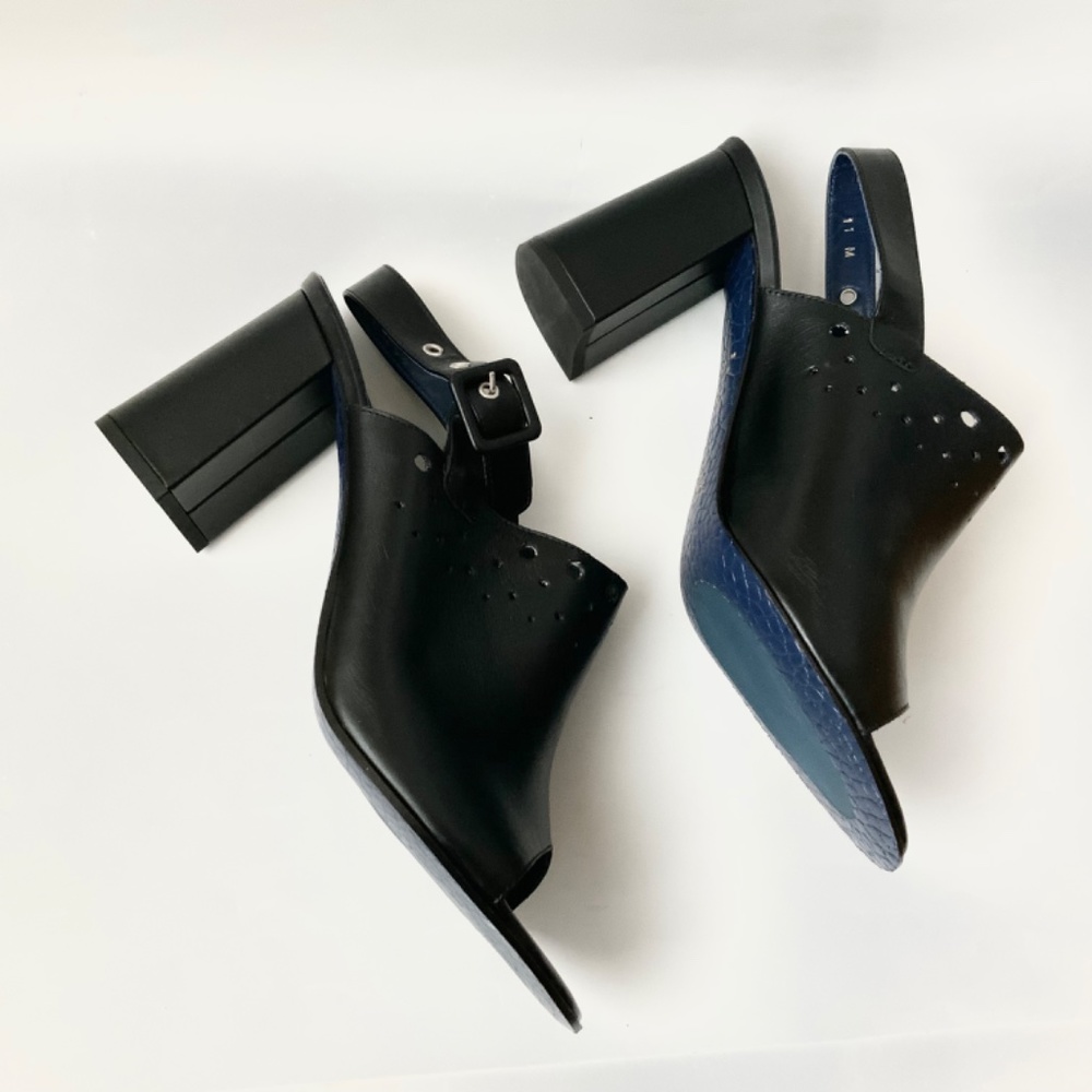 VALENTINA RANGONI Carmine Block Heel Peep Toe Mule Black Leather Heeled Sandals - Picture 10 of 11
